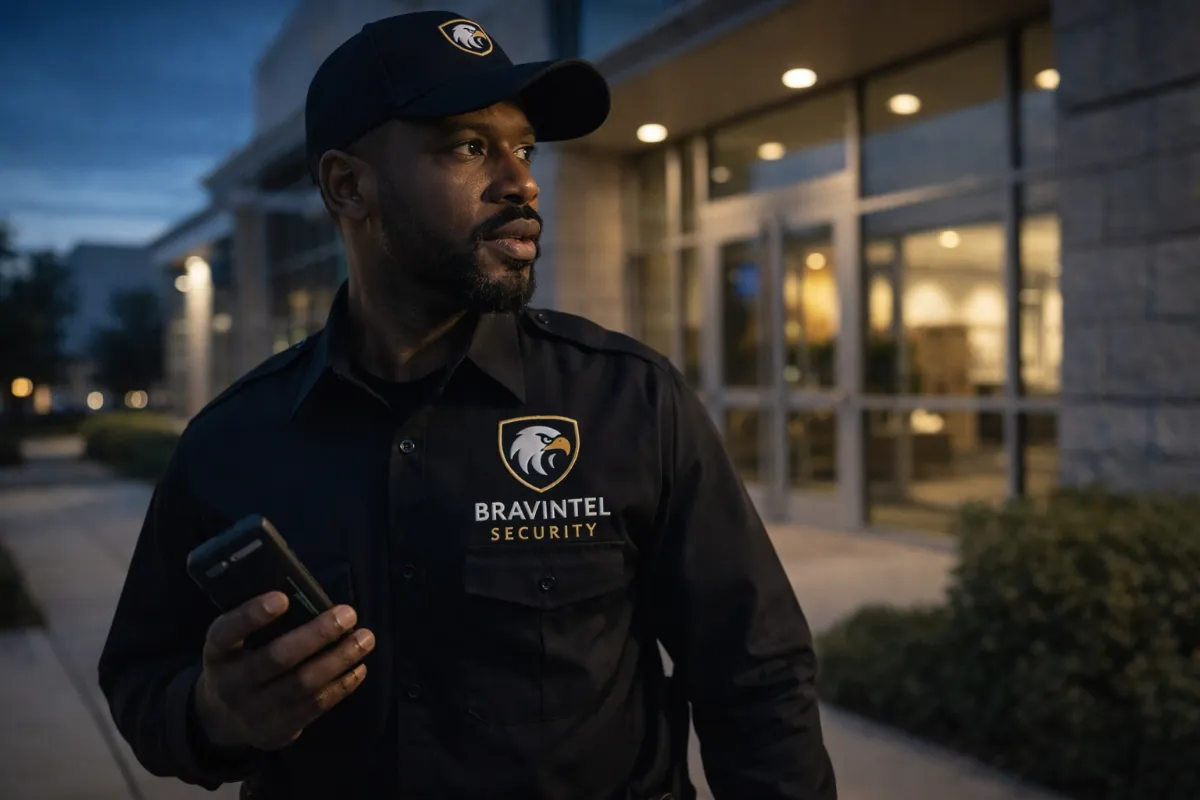 Security guard responding to an alarm activation at a protected site in Manitoba