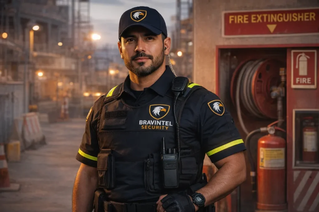 Fire watch security guard monitoring a construction site for safety compliance